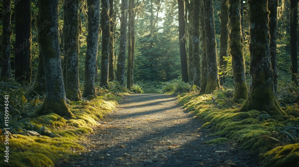 Fototapeta premium Sunlit Path Through a Mossy Forest