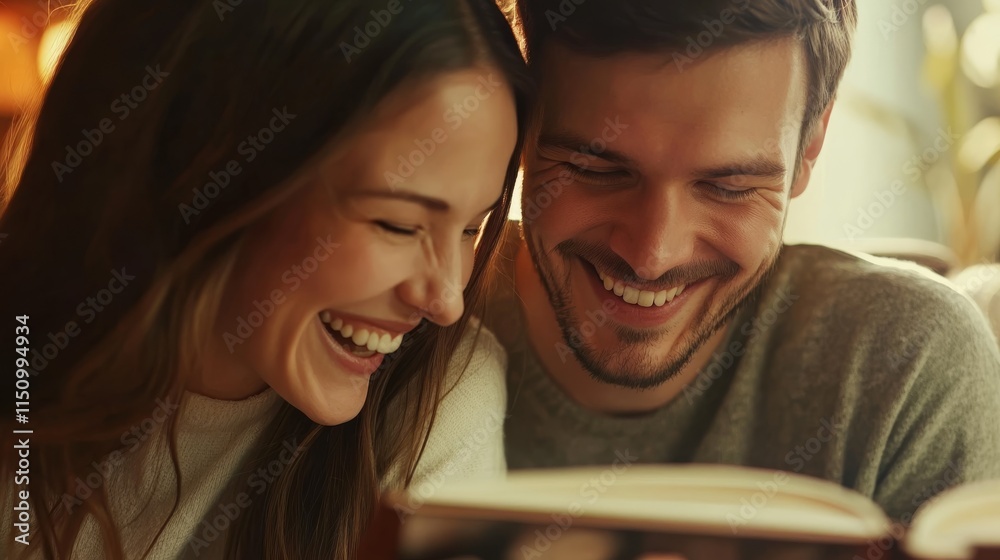 A joyful couple sharing a moment while reading together, surrounded by warmth and love in a cozy environment. Couple love concept. A joyful couple sharing a moment while reading together, surrounded by warmth and love in a cozy environment. Couple love concept.