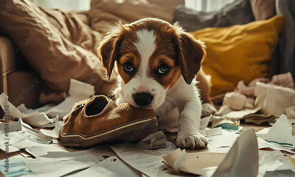 Playful Puppy Chewing a Shoe Amongst Torn Papers in a Cozy Living Room Setting with Natural Light Streaming Through a Window with ai generated.