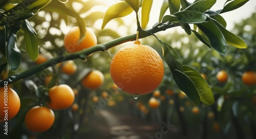 Ripe orange hanging on tree, sunlit citrus orchard, golden hour glow, bokeh light effects, lush green leaves, vibrant fruit, closeup photography, shallow depth of field, organic farming, juicy tangeri