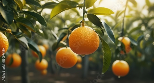 Ripe orange hanging on tree, sunlit citrus orchard, golden hour glow, bokeh light effects, lush green leaves, vibrant fruit, closeup photography, shallow depth of field, organic farming, juicy tangeri