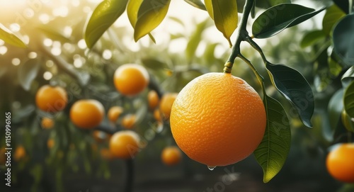 Ripe orange hanging on tree, sunlit citrus orchard, golden hour glow, bokeh light effects, lush green leaves, vibrant fruit, closeup photography, shallow depth of field, organic farming, juicy tangeri