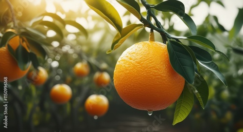 Ripe orange hanging on tree, sunlit citrus orchard, golden hour glow, bokeh light effects, lush green leaves, vibrant fruit, closeup photography, shallow depth of field, organic farming, juicy tangeri