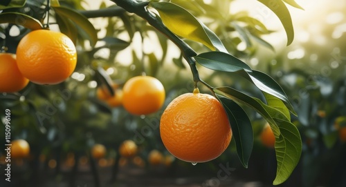 Ripe orange hanging on tree, sunlit citrus orchard, golden hour glow, bokeh light effects, lush green leaves, vibrant fruit, closeup photography, shallow depth of field, organic farming, juicy tangeri