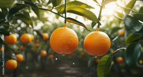 Ripe orange hanging on tree, sunlit citrus orchard, golden hour glow, bokeh light effects, lush green leaves, vibrant fruit, closeup photography, shallow depth of field, organic farming, juicy tangeri