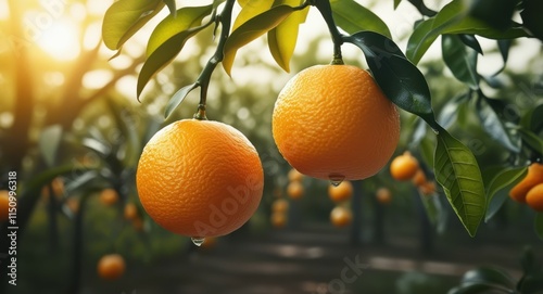 Ripe orange hanging on tree, sunlit citrus orchard, golden hour glow, bokeh light effects, lush green leaves, vibrant fruit, closeup photography, shallow depth of field, organic farming, juicy tangeri