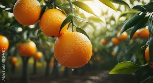 Ripe orange hanging on tree, sunlit citrus orchard, golden hour glow, bokeh light effects, lush green leaves, vibrant fruit, closeup photography, shallow depth of field, organic farming, juicy tangeri