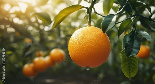 Ripe orange hanging on tree, sunlit citrus orchard, golden hour glow, bokeh light effects, lush green leaves, vibrant fruit, closeup photography, shallow depth of field, organic farming, juicy tangeri