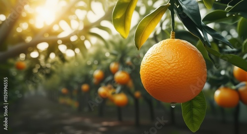 Ripe orange hanging on tree, sunlit citrus orchard, golden hour glow, bokeh light effects, lush green leaves, vibrant fruit, closeup photography, shallow depth of field, organic farming, juicy tangeri