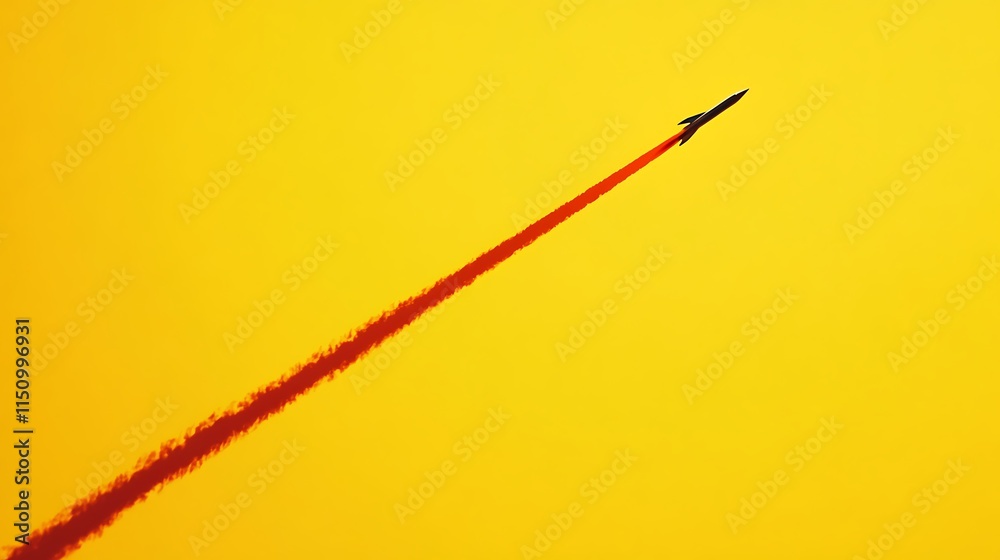 Rocket launching into a vibrant yellow sky, leaving a red trail.