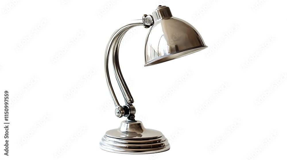 Chrome desk lamp with adjustable arm and dome shade. Chrome desk lamp with adjustable arm and dome shade.