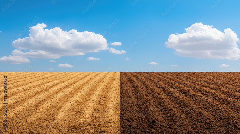 Dry desert field transitioning into fertile soil under blue sky Dry desert field transitioning into fertile soil under blue sky