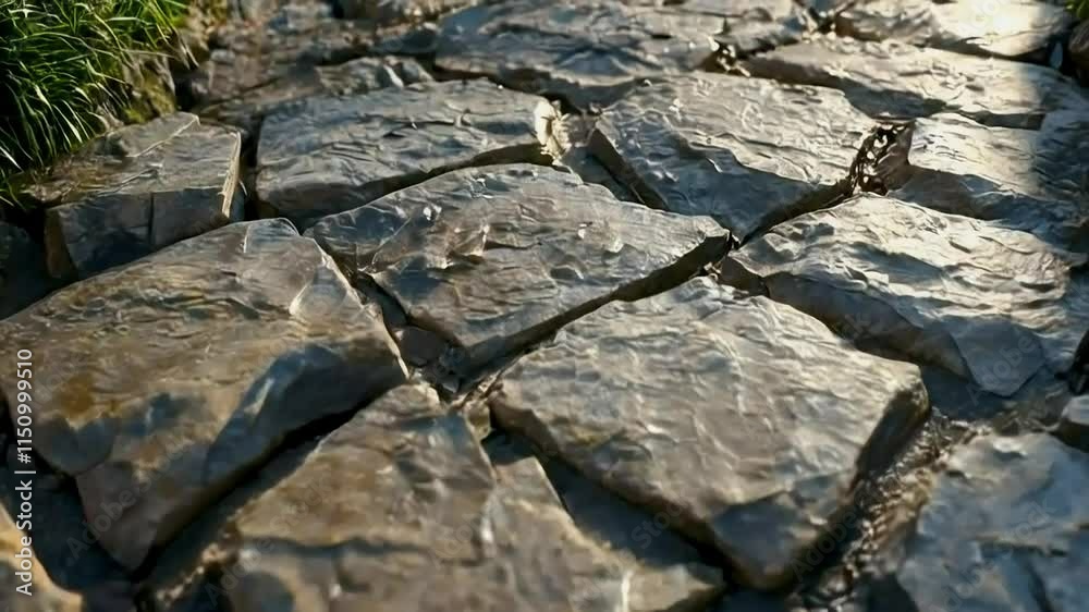 Close-up of a wet stone pathway, irregular shaped flagstones, sunlight reflecting on the surface. Close-up of a wet stone pathway, irregular shaped flagstones, sunlight reflecting on the surface.