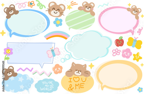 Pastel vector illustrations of teddy bear, cat, butterfly, apple, rainbow, flowers, text bubble for cartoon, characters, comic, pet, zoo, souvenir shop, animal, text, message, chat, dialogue toy, doll