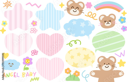 Pastel vector illustrations of teddy bear, star, heart, rainbow, cloud, flowers, text bubble for cartoon, characters, comic, mascot, zoo, souvenir shop, animals, text, message, plush toy, kid doll