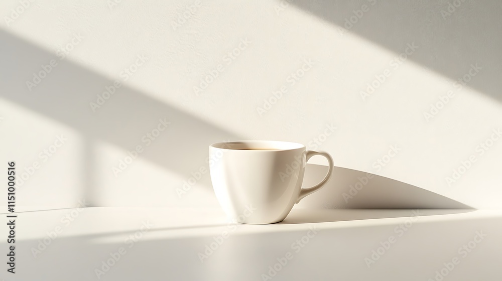 Fototapeta premium White coffee cup in sunlight on white surface.