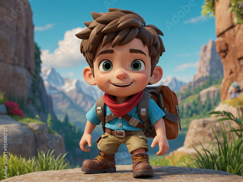 3D cartoon-style model of a young boy dressed as an adventurer, featuring a playful and lively design