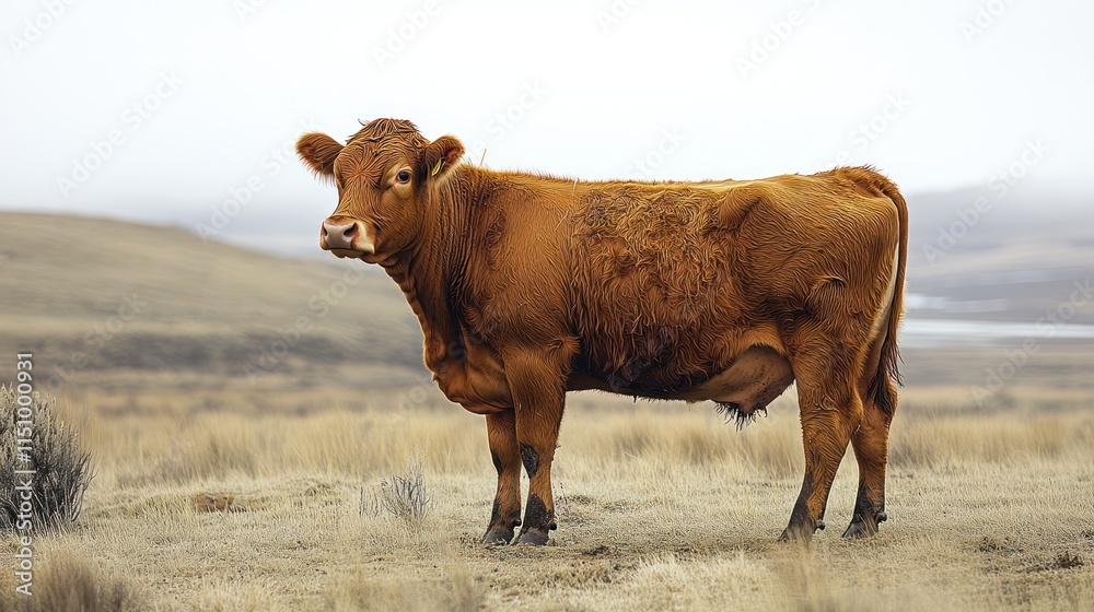 Red cow standing in a dry, grassy field. Red cow standing in a dry, grassy field.
