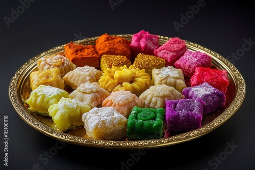 Holi Indian festival of colors celebrating with colorful Gulal Abeer mawa gujia mithai pirukiya sweets presented on a brass plate isolated on black background  photo