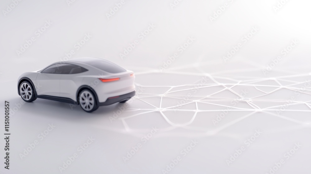 A sleek white toy car moves forward, leaving a trail of light, symbolizing innovation and the future of transportation. A sleek white toy car moves forward, leaving a trail of light, symbolizing innovation and the future of transportation.