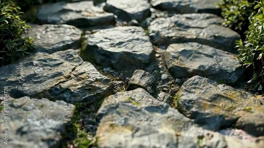 Sunlit stone path, textured rocks, green plants. Sunlit stone path, textured rocks, green plants.