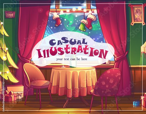 Casual illustration - cartoon interior with winter landscape outside