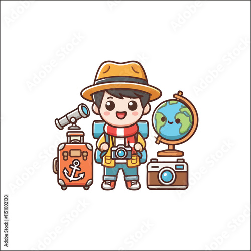 vector child traveler carrying suitcase and globe preparing to explore the world happily