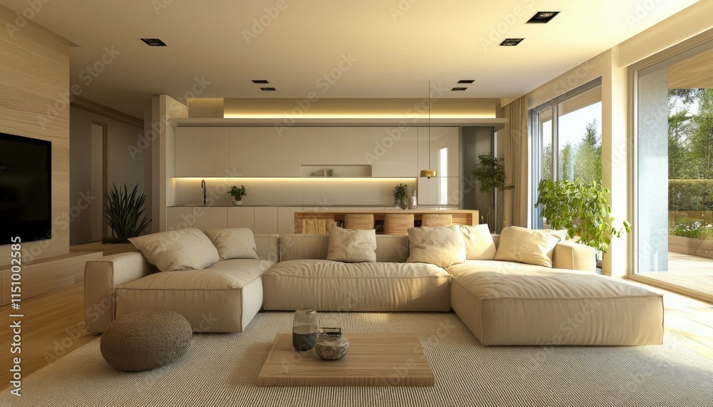 Fototapeta premium Modern Beige Sofa Living Room Interior Design Minimalist Home Decor