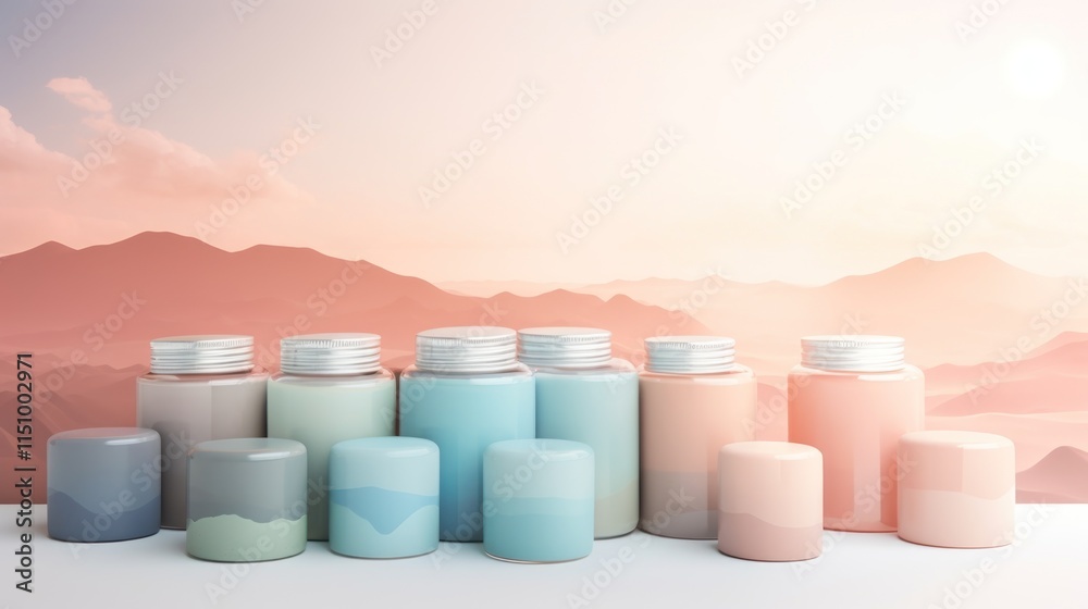 Pastel Jars Displayed Against A Serene Mountain Sunset Pastel Jars Displayed Against A Serene Mountain Sunset