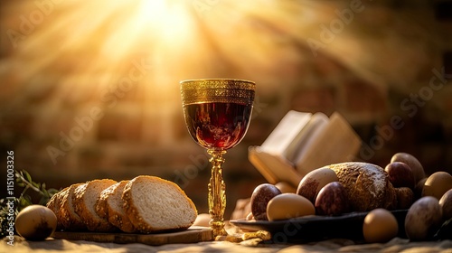 Holy Communion, which symbolizes the holy blood and flesh of Jesus Christ. The Last Supper. Bread, wine, the Bible, the Holy Grail, and the cross. The background of the Lent Passion Week. 