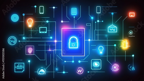 a digital illustration of a padlock surrounded by glowing icons