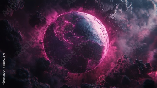a close up of a futuristic planet surrounded by pink clouds