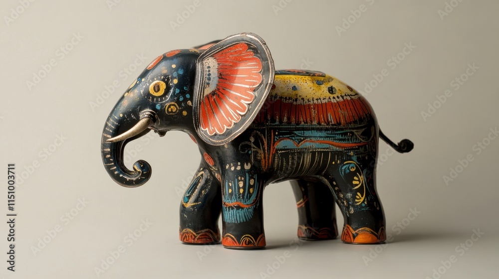 Fototapeta premium A vintage tin toy animal with a smooth metallic finish and detailed artwork, placed on a clean, neutral background to emphasize its charm.