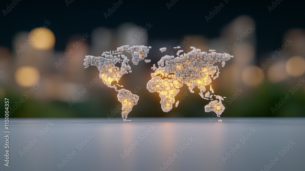 A glowing, illuminated world map against a blurred city background, symbolizing global connection and technology. A glowing, illuminated world map against a blurred city background, symbolizing global connection and technology.