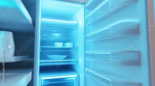 Close-Up View of an Open Refrigerator Highlighting Shelves, Items, and Cool Interior Design
