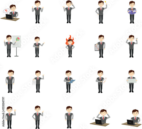 Businessman character poses set. Front side and back view of office worker man. Set of Businessman character design. Different poses design.