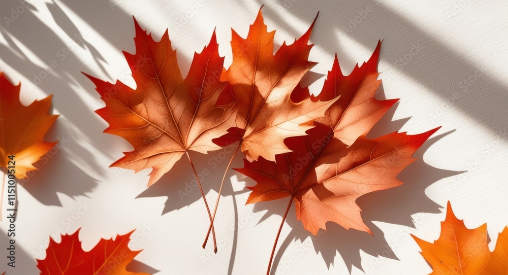 Fototapeta premium Autumn maple leaves, vibrant red and orange hues, scattered on white surface, dramatic shadows, soft lighting, closeup view, high contrast, seasonal photography, crisp details, nature still life, warm