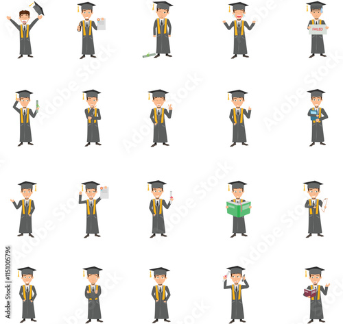 Graduated student. Happy students with diplomas wearing academic gown and graduation cap, group with education certificate vector set