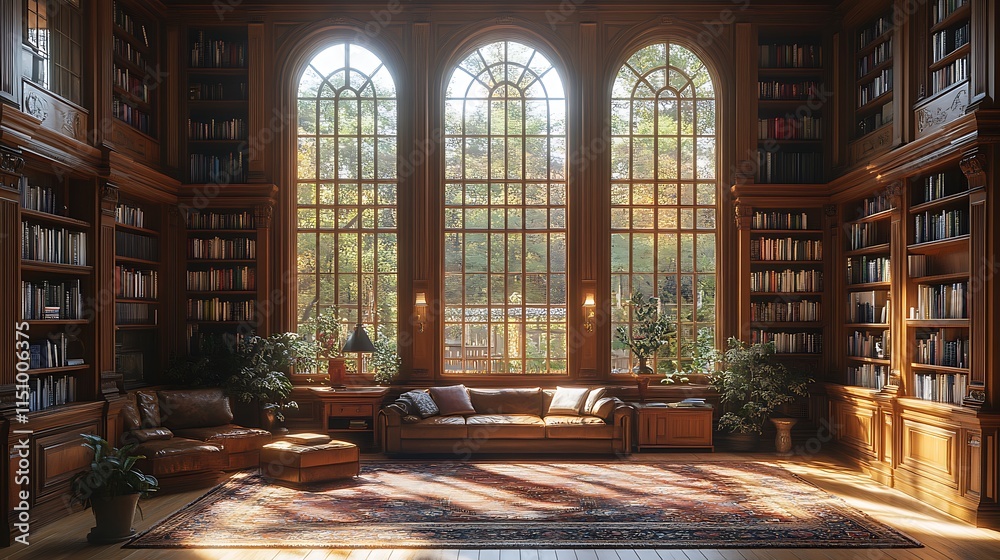 Obraz premium Elegant Library Interior with Sunlight. Concept of Knowledge, Tranquility, and Reading.