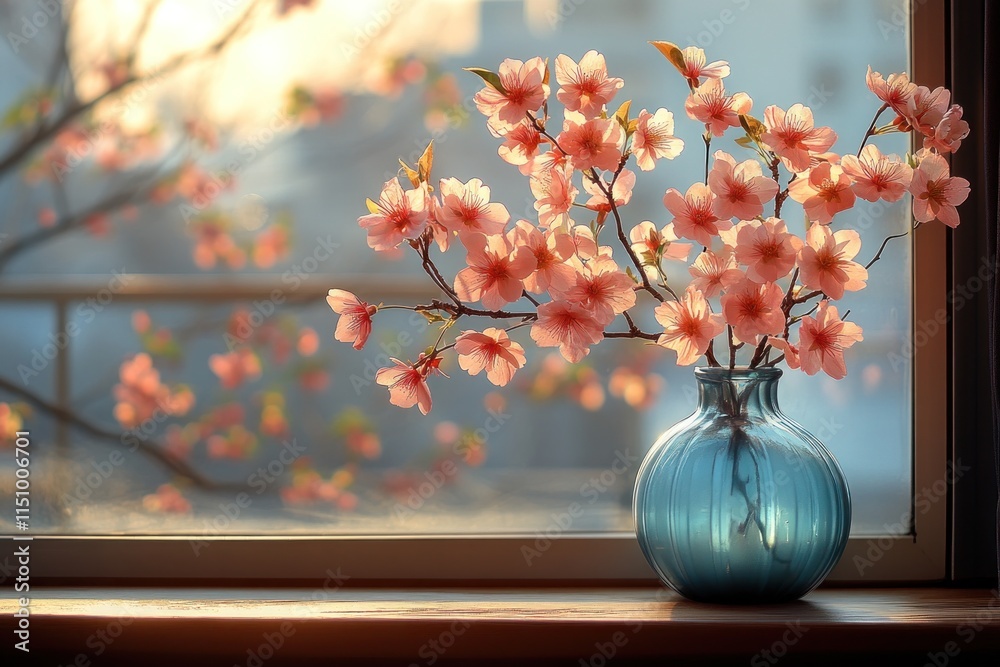 Cherry blossoms bloom beautifully on a window sill, basking in warm midday sunlight Cherry blossoms bloom beautifully on a window sill, basking in warm midday sunlight