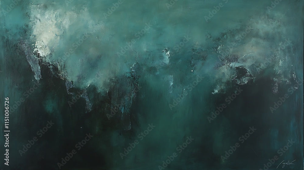 Abstract teal and dark green painting with cloud-like formations. Abstract teal and dark green painting with cloud-like formations.