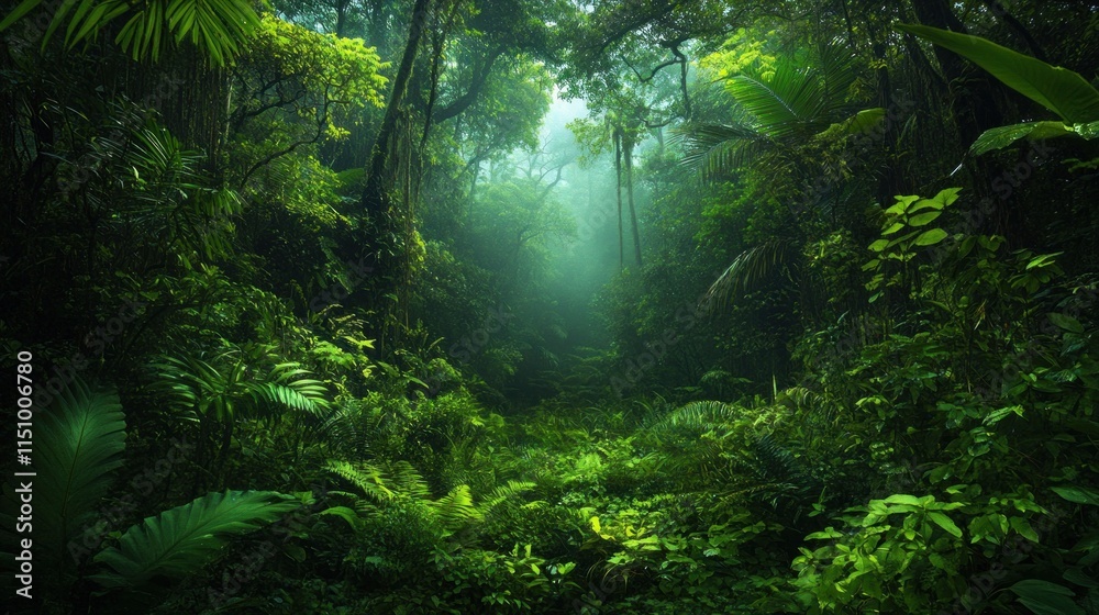 Fototapeta premium Explore a lush rainforest with vibrant foliage and a serene mist enveloping the scene
