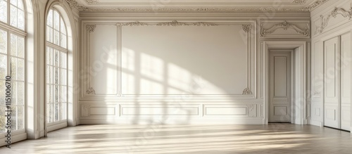 Sunlit Elegance: A Luxurious Empty Room with French Doors and Ornate Moldings