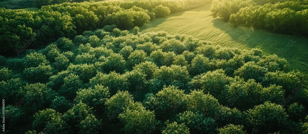 Aerial View of Lush Green Forest and Field at Sunset