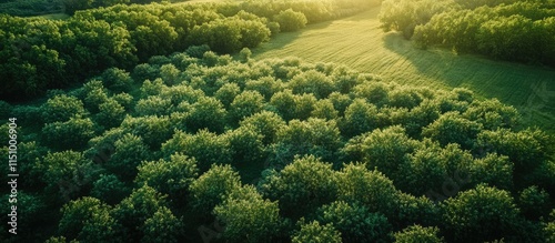 Aerial View of Lush Green Forest and Field at Sunset