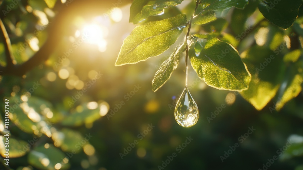 Sunlight Glowing Through Leaves with Dew Drops on a Fresh Green Leaf, Capturing Nature's Beauty in the Early Morning Light Sunlight Glowing Through Leaves with Dew Drops on a Fresh Green Leaf, Capturing Nature's Beauty in the Early Morning Light