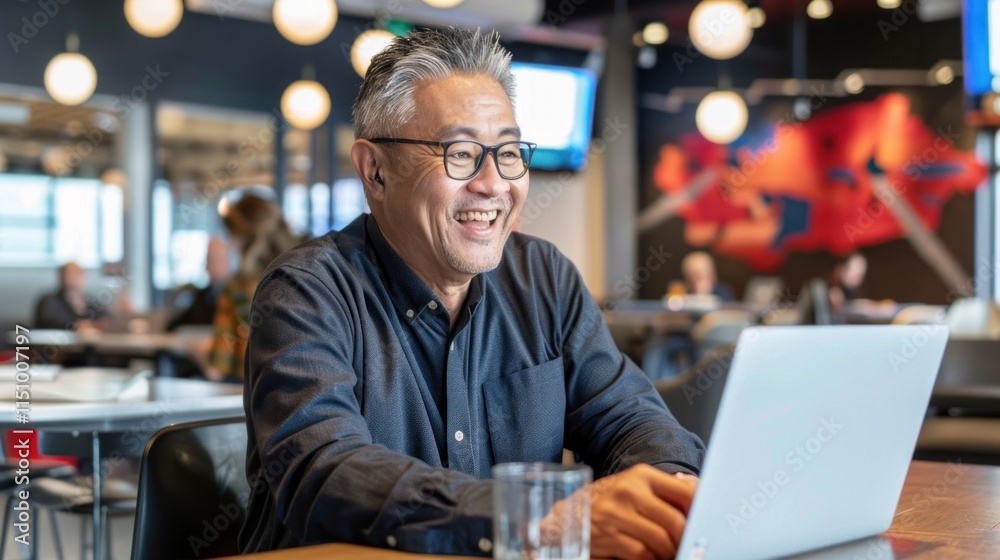 A man smiles while using his laptop and talking on a phone call in a contemporary office setting A man smiles while using his laptop and talking on a phone call in a contemporary office setting