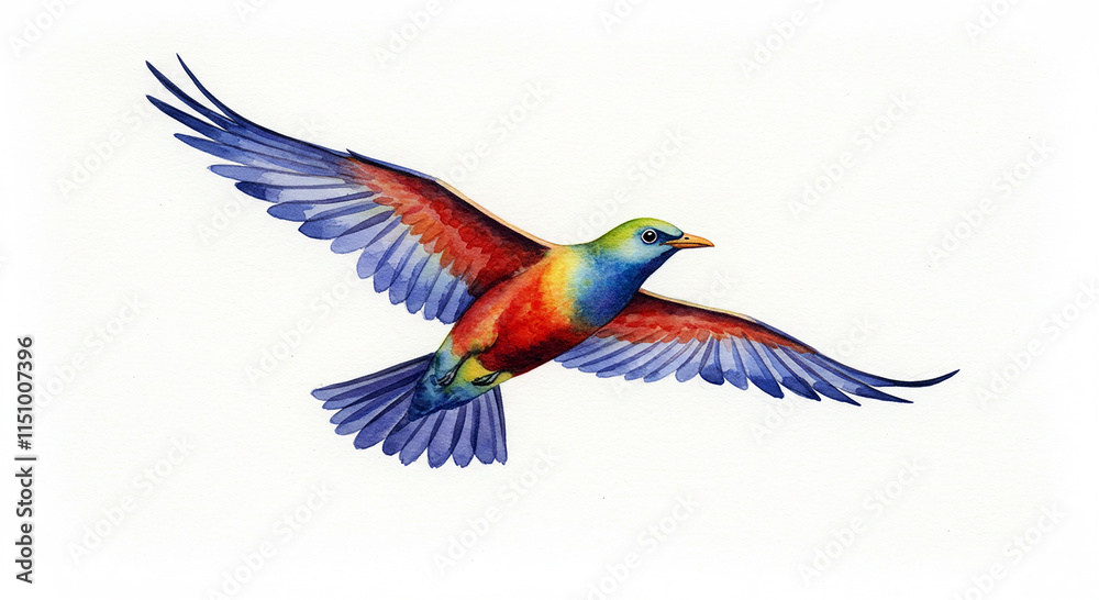 Fototapeta premium Vibrant Rainbow Bird in Flight Watercolor Painting Wildlife Art