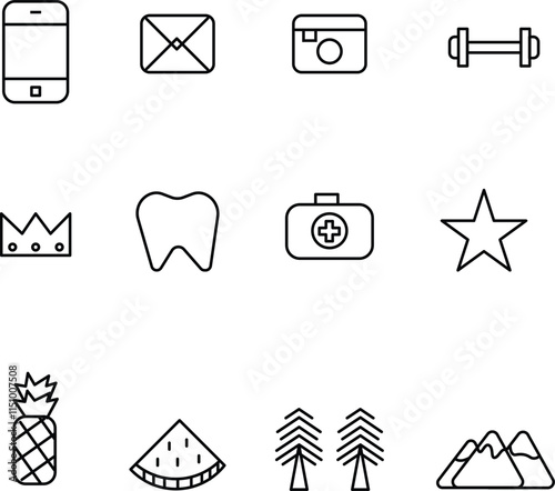 Efficiency - thin line vector icon set. Pixel perfect. Editable stroke. The set contains icons: phone, message, camera, crown, weight, star, medical, dental, pineapple, watermelon, pine