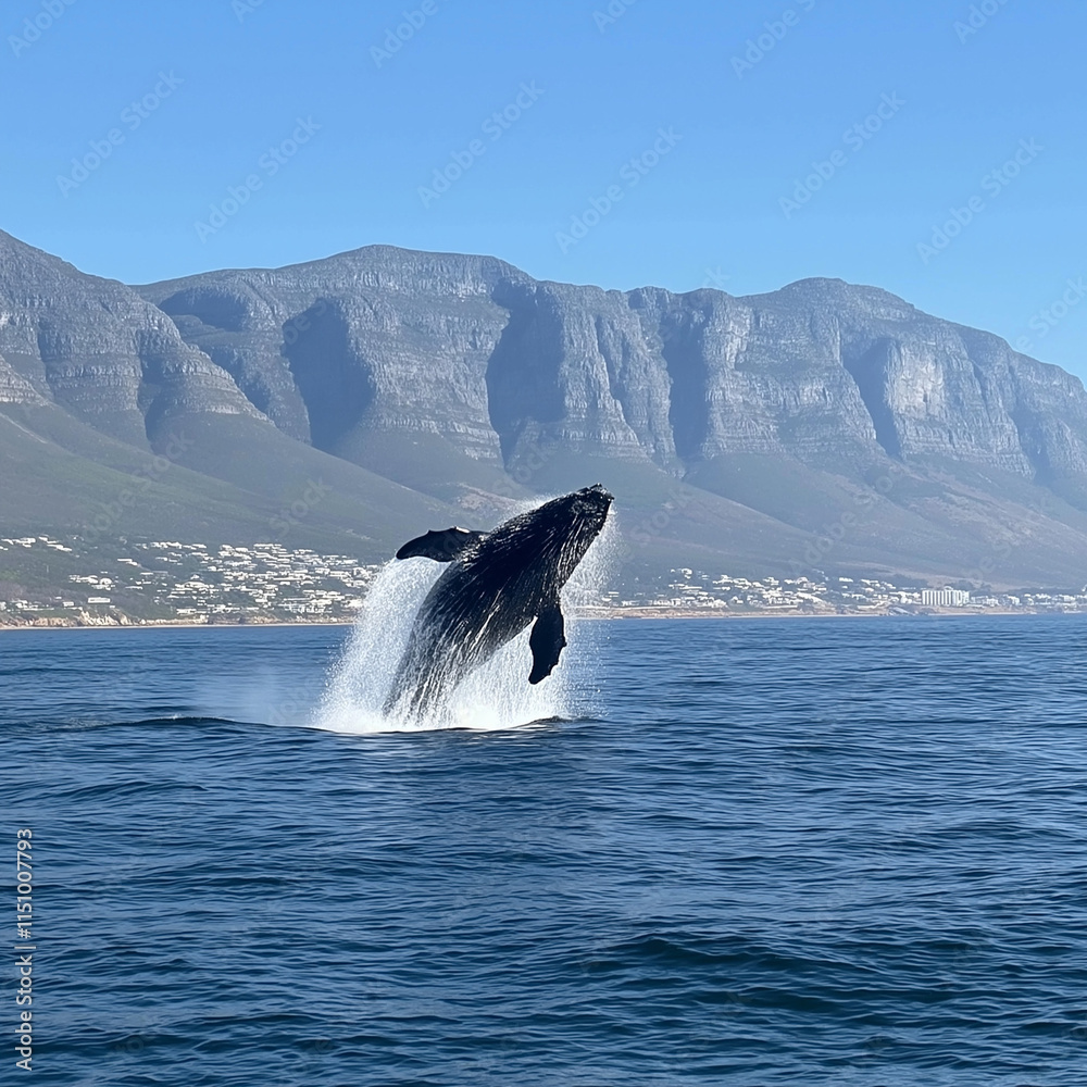 Fototapeta premium Humpback whale breaching majestically against a backdrop of mountains and clear blue sky